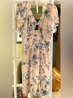 RW&CO. Blush Floral Faux-Wrap Dress with Blue Print